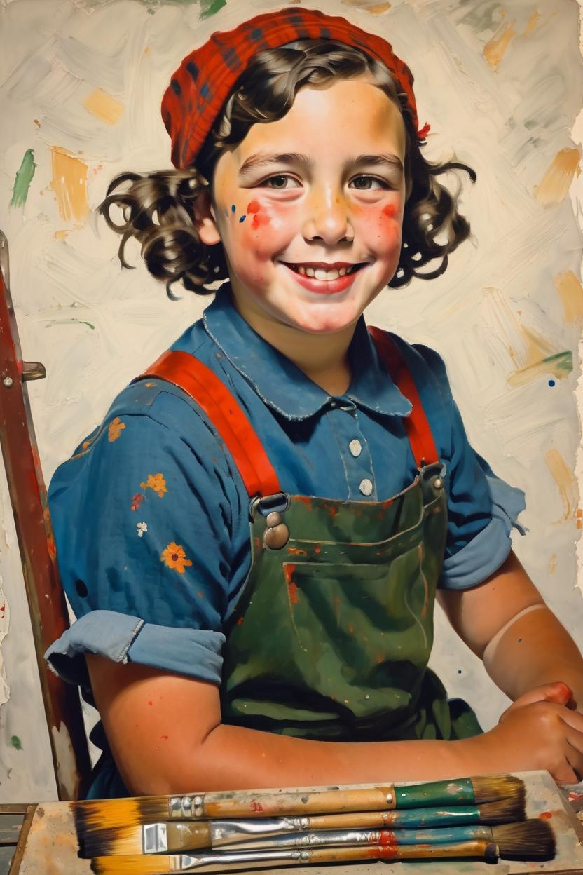 Artificial Intelligence (AI) generated image art, portrait of woman, Norman Rockwell style, beautiful girl, 1920s era farm, with paint brushes