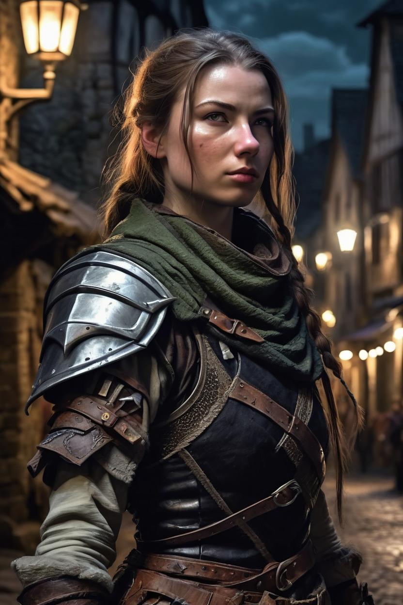 Artificial Intelligence (AI) generated image art, woman as a multi-classed rogue ranger urban-barbarian, pathfinder, elvish curve blade, padded cloth armour, side portrait, in an old dark crowded medieval town, at night, ultra-realism, ultra realistic, young, stunning, night light, mysterious atmosphere, highly detailed.