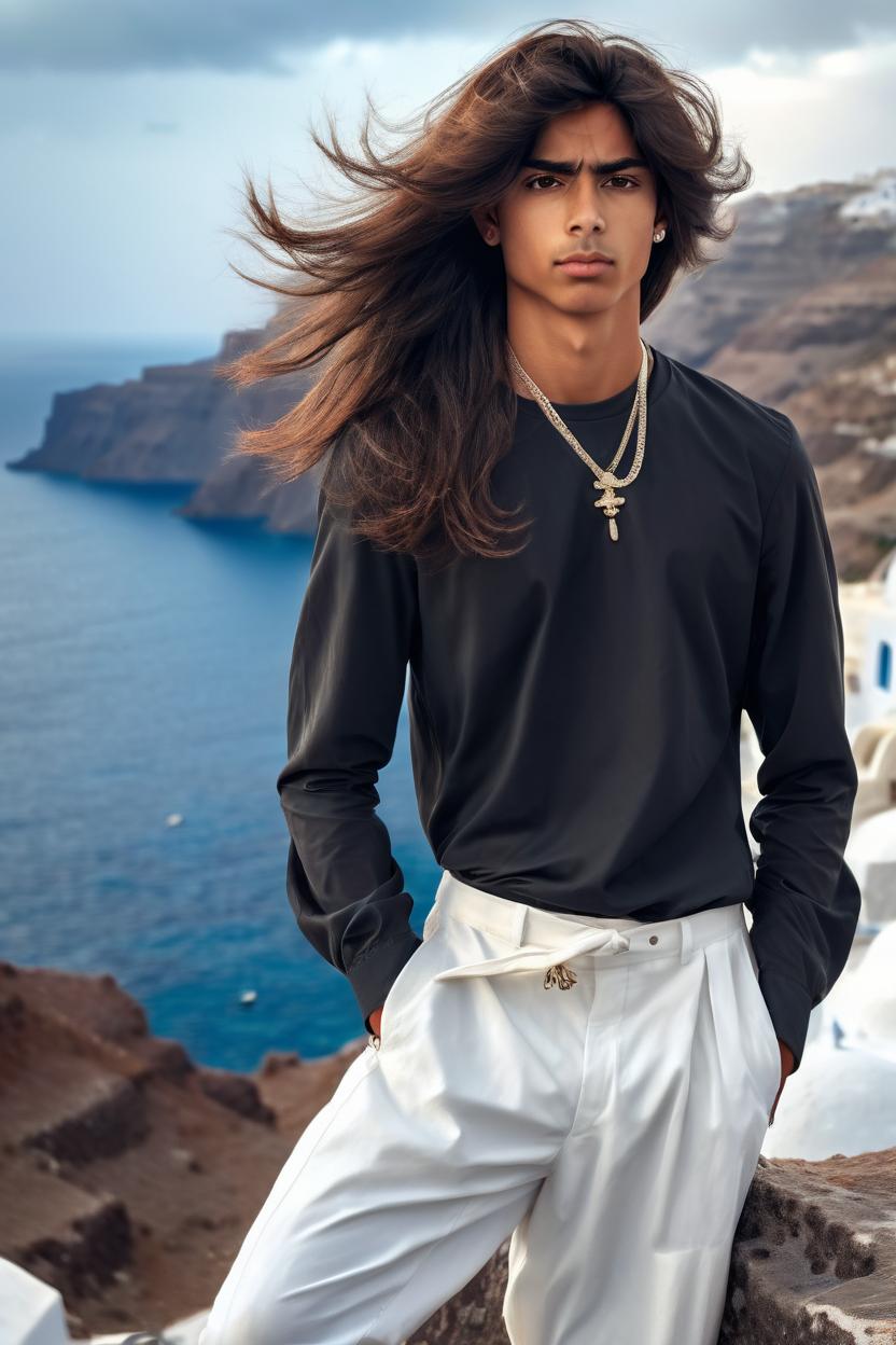 Artificial Intelligence (AI) generated image art, man, beautiful long dark flowing hair. elegant clothing. in Santorini on a cliff over looking the ocean. photo realistic. beautiful. portrait