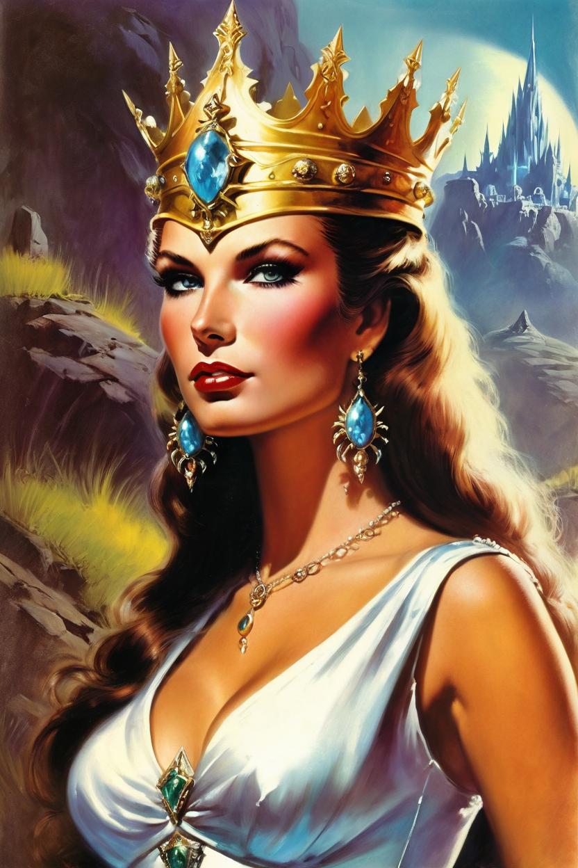 Artificial Intelligence (AI) generated image art, woman, (classic fantasy pulp book cover art), (woman) as fantasy queen, illustration, art by Boris Vallejo, 80s fantasy art, portrait, landscape