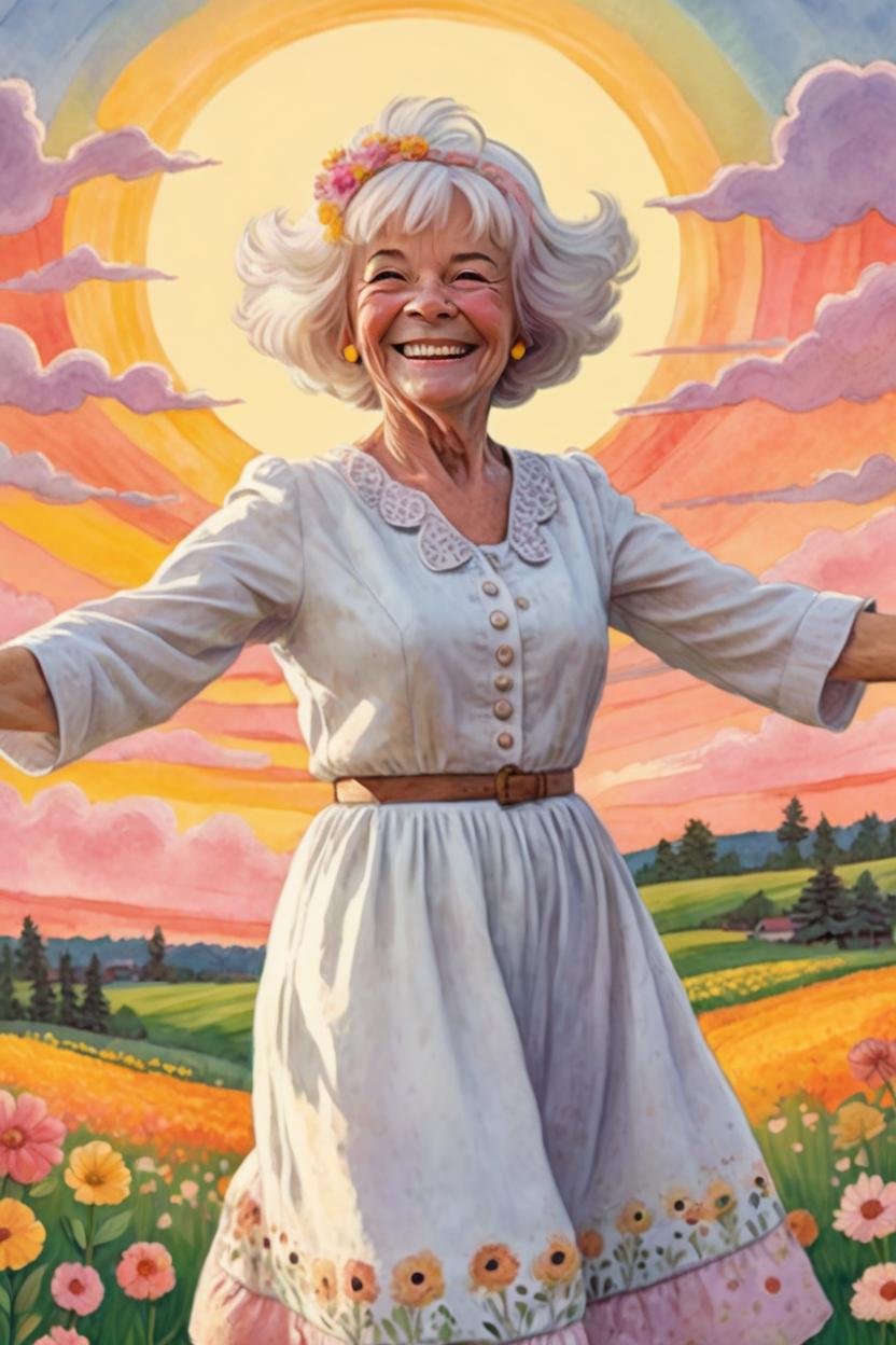 Artificial Intelligence (AI) generated image art, woman twirling and smiling, In illustration by Maurice Sendak , orange, pink, and yellow sunset clouds above her head , spring, flower field, vibrant colors, as a 72 year old healthy woman, youthful appearance, happy, wearing a white dress, blonde white hair, very detailed, naive artwork,