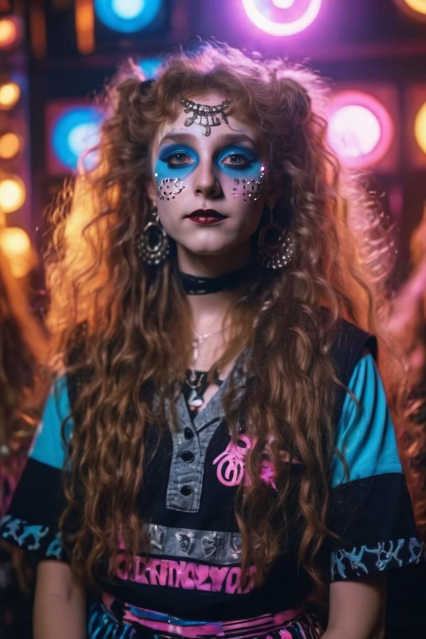 Artificial Intelligence (AI) generated image art, woman, young, long hair, in 80s alternative club kid style clothing, backlit by club lighting, wide angle, 4k, intricate detailed, ultra detailed, maximalism, kawaii makeup"