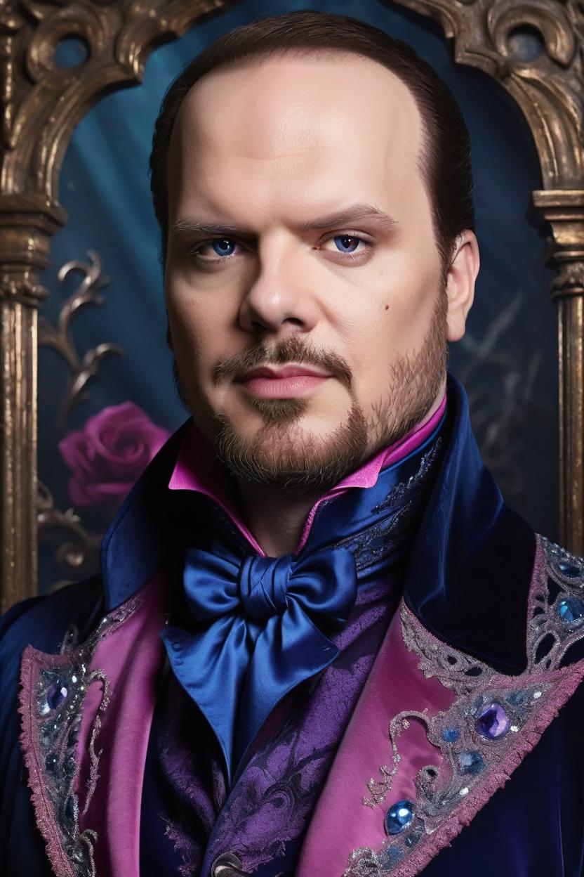 Artificial Intelligence (AI) generated image art, man, (delicate sensual poster phantom of the opera), extremely detailed beautiful human character, illustration, decorative background, sharp focus, tall heavy set body, wearing black purple velvet coat embelished by swarowski crystals, dark blue silk shirt and pink cravat