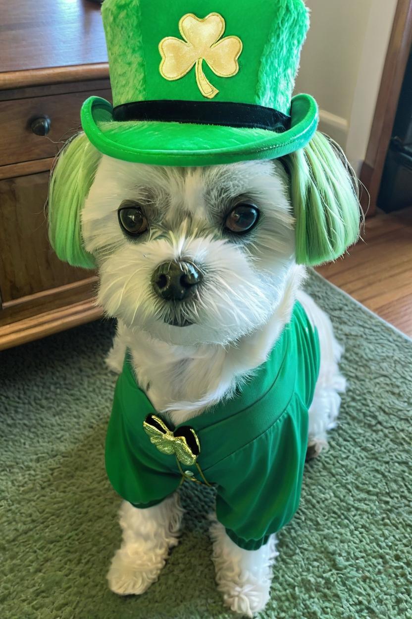 Artificial Intelligence (AI) generated image art, dog, Sunny, and MUCHA dressed in green st Patrick’s day clothing with “Happy St.Patrick’s Day”