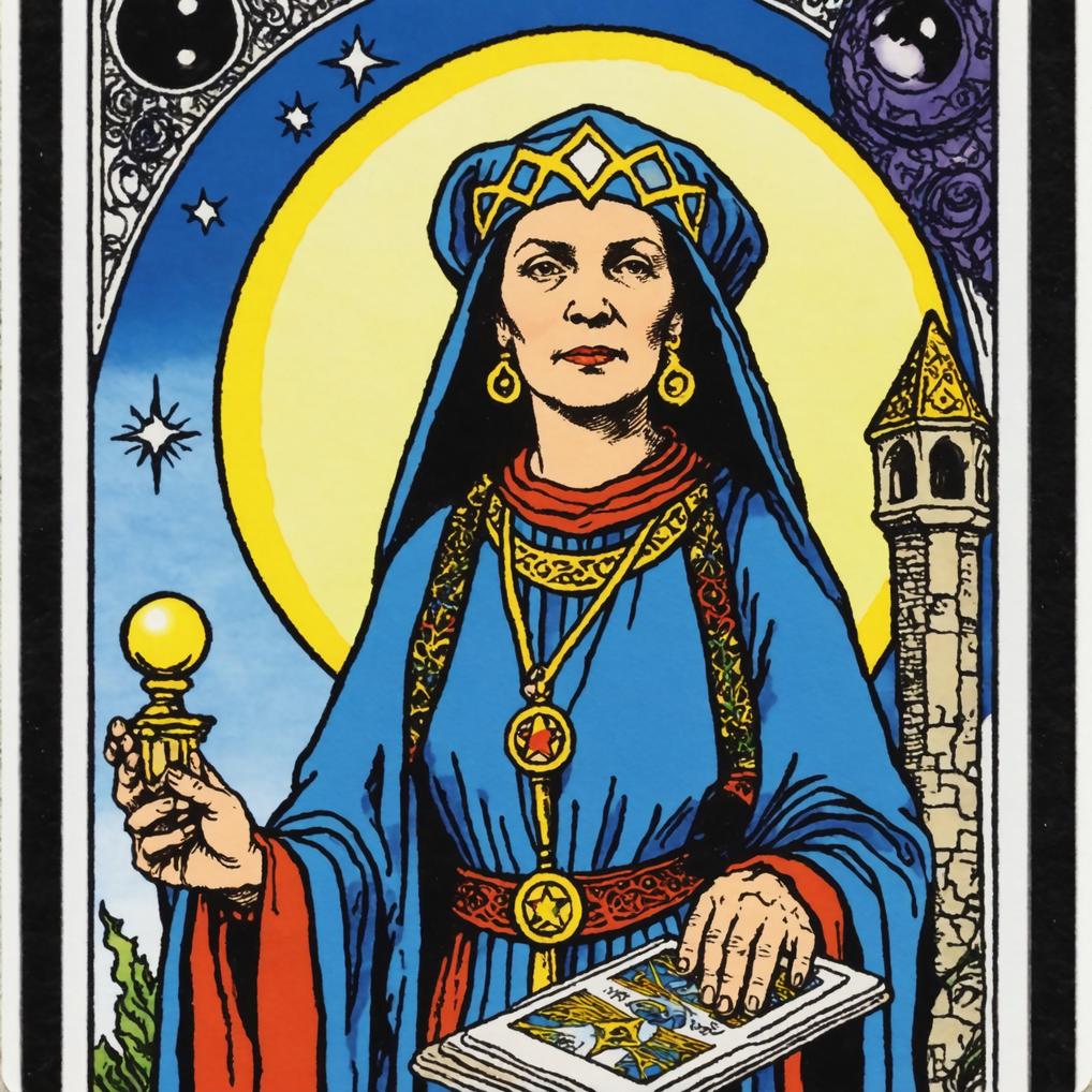 Artificial Intelligence (AI) generated image art, woman, as High Priestess in Rider-Waite Tarot Card