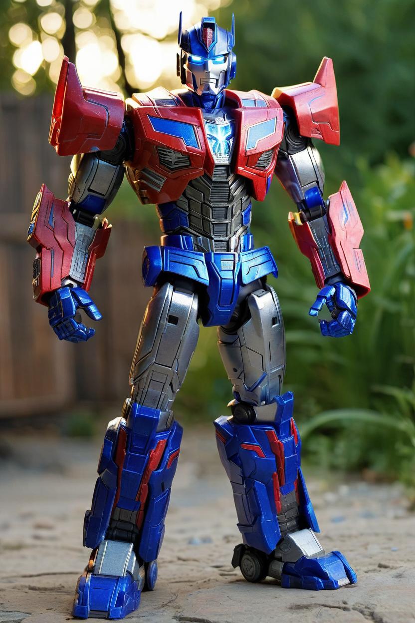 Artificial Intelligence (AI) generated image art, man is an Optimus Prime toy action figure without a helmet, full body, plastic Action figure, cinematic lightning