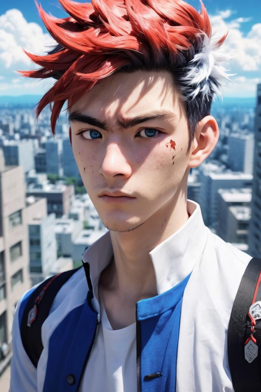 Artificial Intelligence (AI) generated image art, (*man*), as shoto todoroki teen boy with half red and half white hair, (illustrated by Yoshihiko Umakoshi and Hitomi Odashima anime series style), illustration, anime artstyle, portrait and torso, fantasy, landscape, city background, half white hair and half red hair, shaggy hair, giant burn scar mark over his blue eye, one blue eye, one brown eye, He is a hero and has the power to control fire and ice, My Hero Academia anime, student at UA