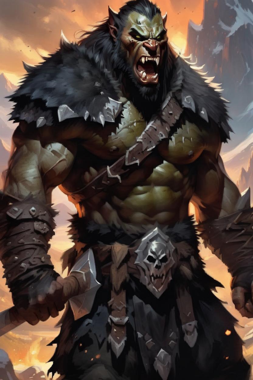 Artificial Intelligence (AI) generated image art, man, (fantasy barbarian), bodybuilder, wearing a black wolf hide cape, dnd, art by Greg Rutkowski, sunset, mountains in background, highly detailed, sharp focus, 4k, skullet hairstyle, large fangs, screaming in rage