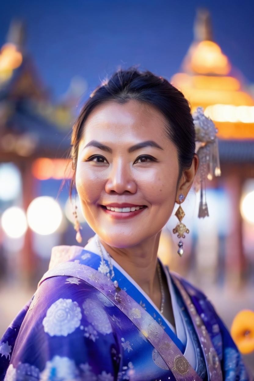 Artificial Intelligence (AI) generated image art, woman as cute anthropomorphic samurai (woman) in a colorful kimono, starry sky background, blue hour with purple tint, art by greg rutkowski, portrait, well lit subject