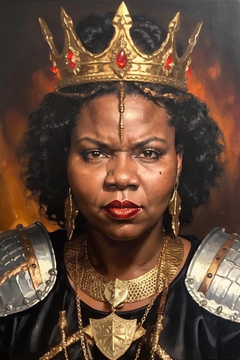 Artificial Intelligence (AI) generated image art, woman, portrait of fierce Black warrior queen with crown, gold lips, gold and brown braids, sword and shield