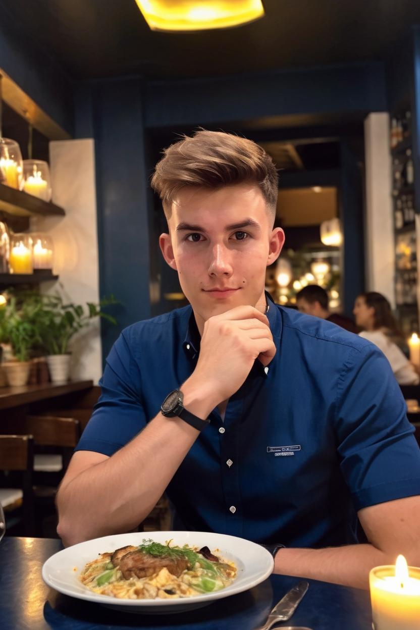 Artificial Intelligence (AI) generated image art, man, wearing elegant dark blue shirt, realistic photo, he is in a restaurant, on a date, sitting at a table, food and candles on the table, busy restaurant in a background, point of view of someone sitting in front of him looking into his eyes
