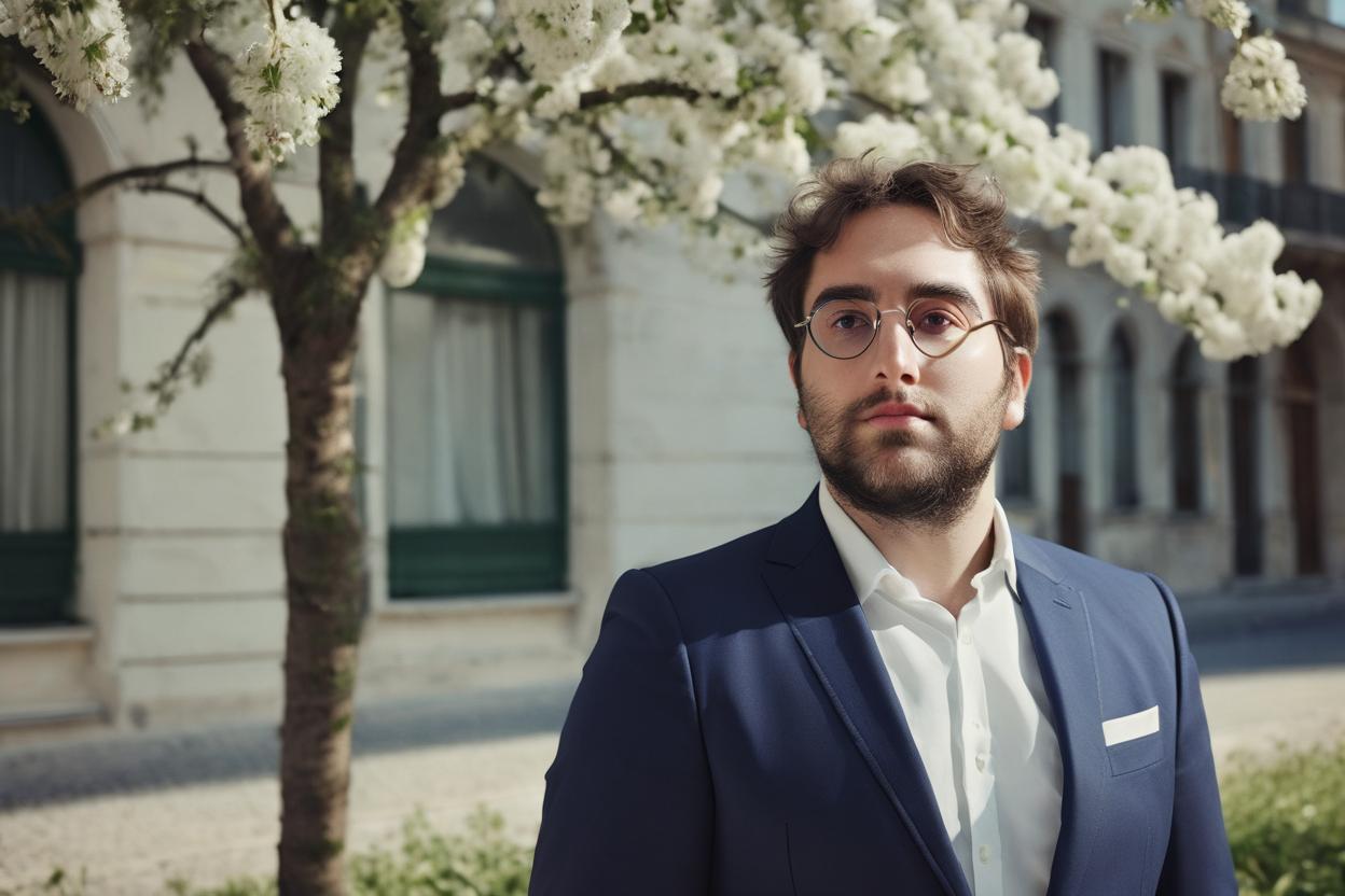 Artificial Intelligence (AI) generated image art, man, portrait, Shot on Hasselblad H6D-400c lens, copy Sisley Spring  Summer 2014 campaign session with more of a vogue or fancy gentleman style clothes, ultra high definition, ultra-realism, ultra realistic, young, beautiful