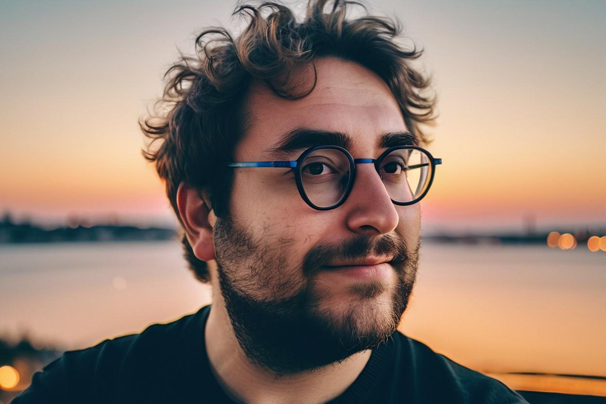 Artificial Intelligence (AI) generated image art, Detailed portrait of man, glasses, high contrast, ((crisp)) ((sharp photo)) captured in photorealistic detail, showcasing skin, hair, and clothing textures, shot on 28 mm kodak camera, twilight, pub outside old european city, bathed in twilight light, (natural eyes), tinder photo, cool pose, confident and seductive, looking at the horizon, handsome, thinking, joyful, talking to someone
