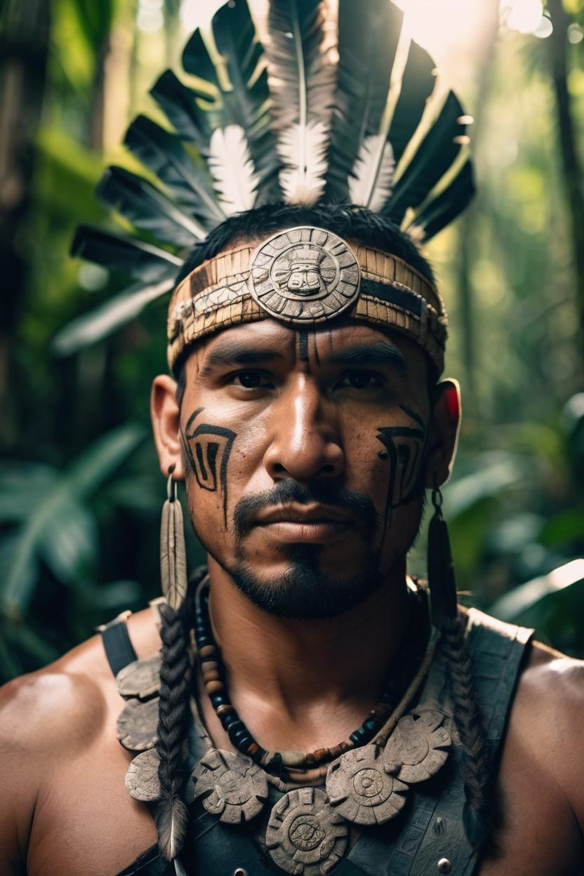 Artificial Intelligence (AI) generated image art, man, Aztec warrior, in the jungle, portrait, Mexican, high quality, The photograph, taken with a Canon 50mm lens, sunlight, 8k