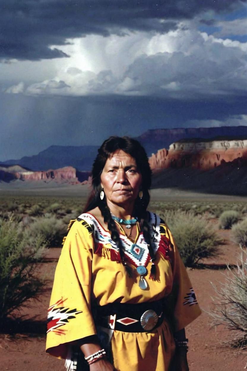 Artificial Intelligence (AI) generated image art, woman, (portrait), no head dress ((((full body)))), (beautiful native American woman), elder, , (wearing native american clothing that has yellow in it), adventurous, highly detailed, sharp focus, southwest red desert cliffs with dark stormy skies in the background.