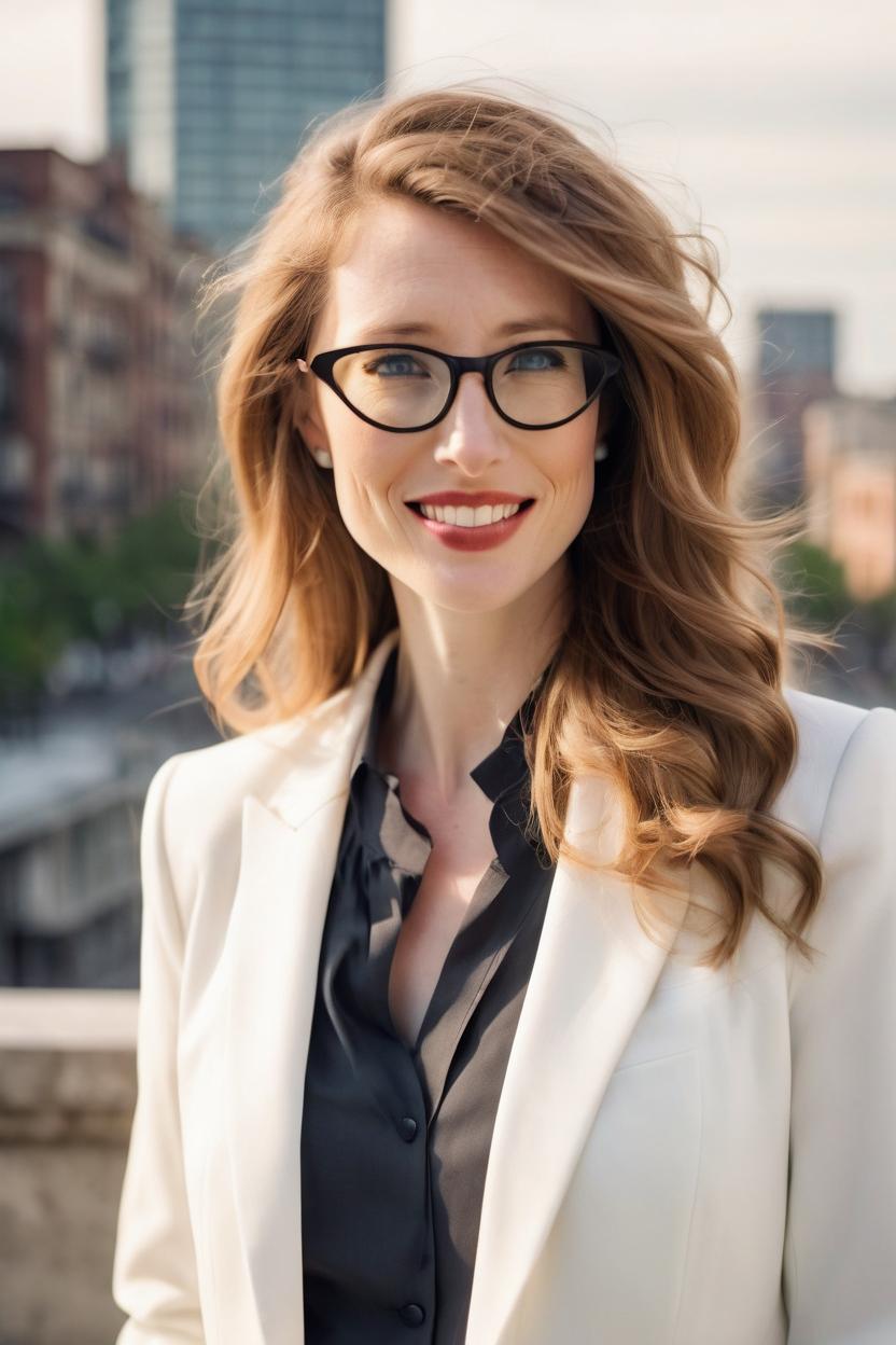 Artificial Intelligence (AI) generated image art, woman, In a white, tailored blazer with a single button. Hair styled in loose, flowing waves. Facial expression is calm, with a hint of confidence. Lighting is soft and diffused, imitating natural sunlight. blurred background of cityscape or architectural elements, indicating an urban setting. warm and natural tone colors. The overall mood of the image should evoke a sense of empowerment and sophisticated style. by gaston bussiere, bayard wu, greg rutkowski, giger, maxim verehin