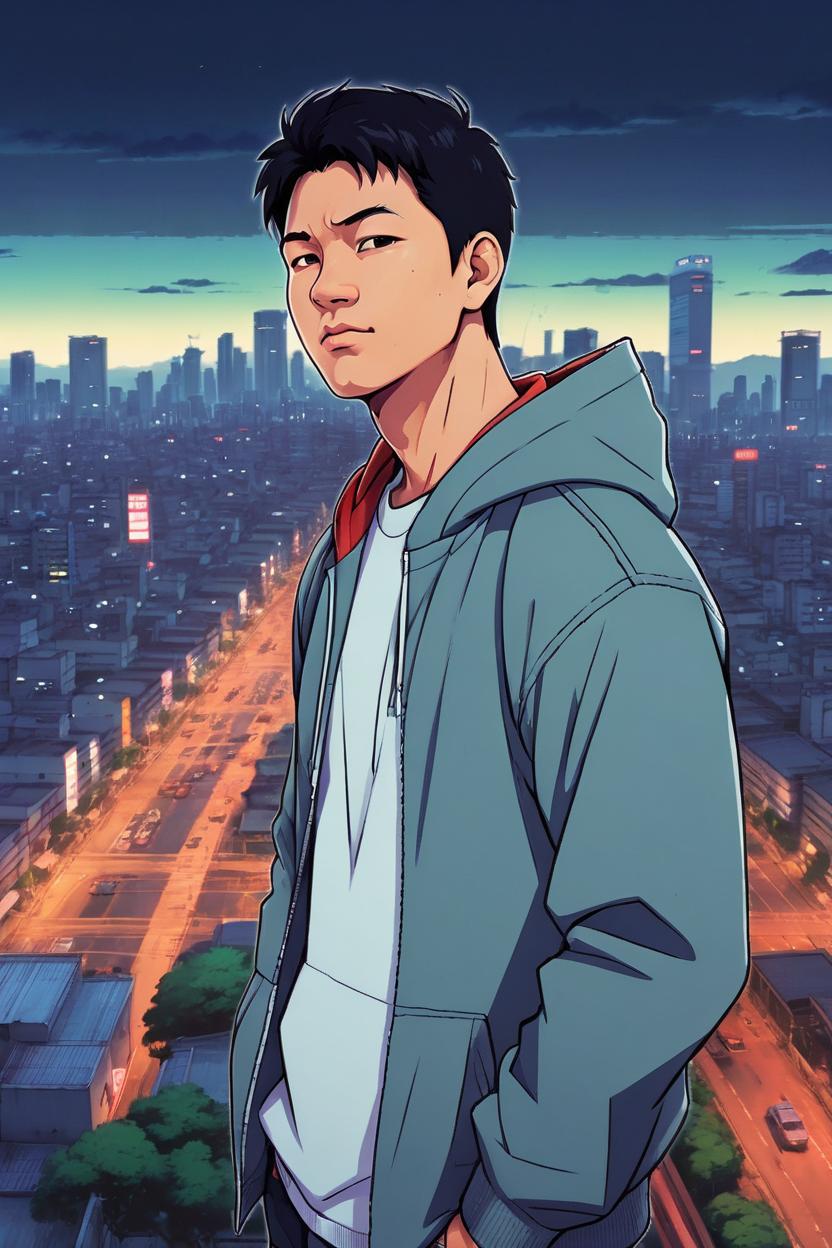 Artificial Intelligence (AI) generated image art, man in a plain hoodie, (akira 1988 anime film), portrait, scifi city landscape, 90s anime style