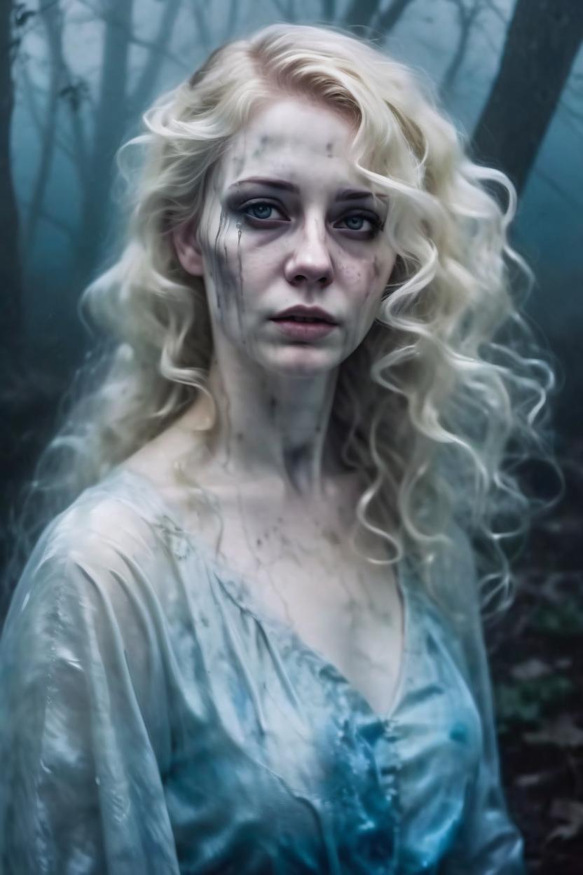 Artificial Intelligence (AI) generated image art, woman, euphoric ghost of herself, floating in translucent clouds, psychic mist, beautiful ethereal, hyperrealism haunting, translucent apperance, she appears as mist or fog white and plae blue In color giving off an eerie presence, she has a haunting fixed intense gaze she appears wet when there is no water around her, her blonde hair is wet and sticks to her face and neck down to her shoulders where it curls wet, (landscape portrait) horror, ghost, scary, undead, dead girl walking, pale skin, she is a ghost