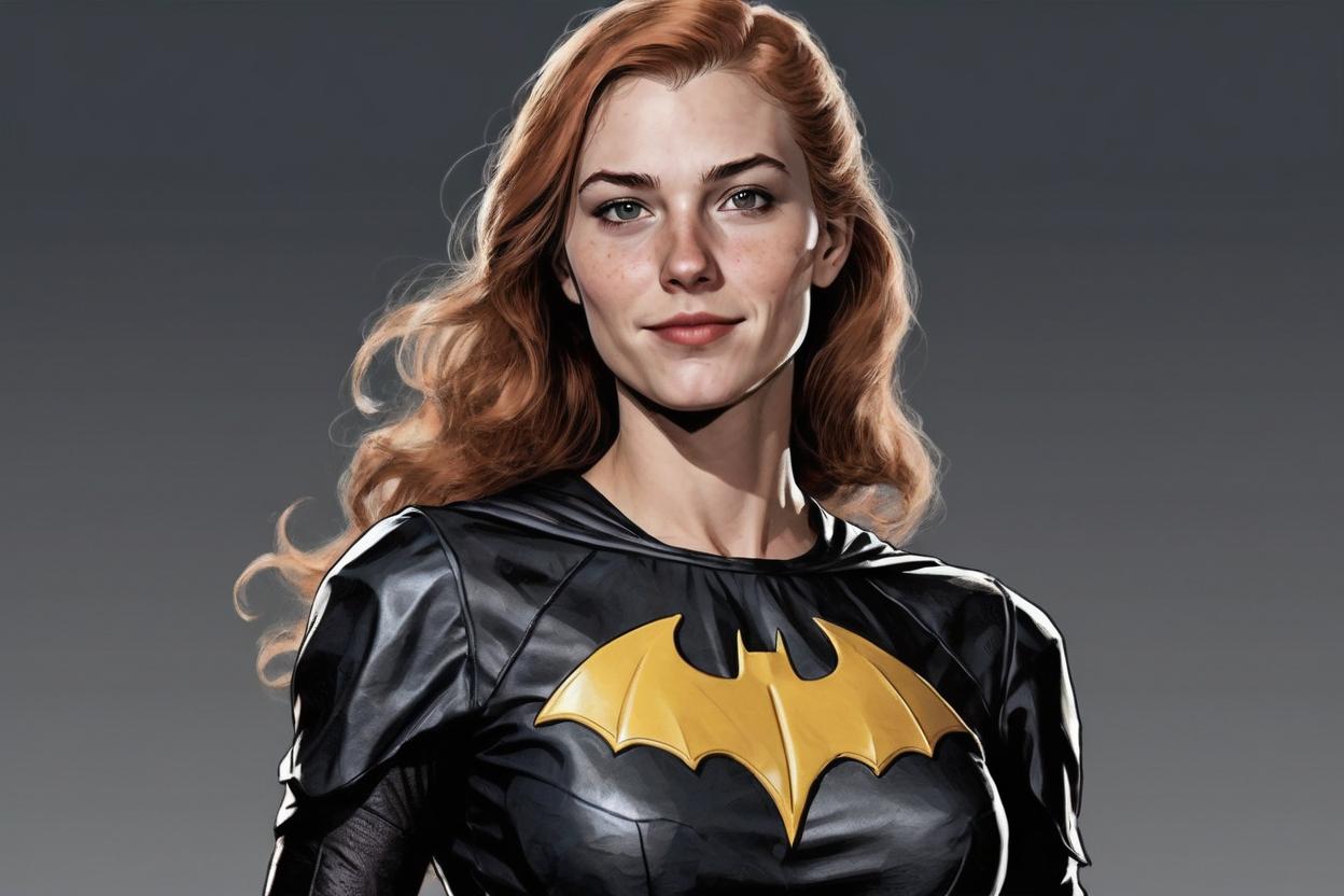 Artificial Intelligence (AI) generated image art, woman, as a slender gorgeous young 25yr old Batgirl, fantasy, illustration, in the style of Matt Richards, in color