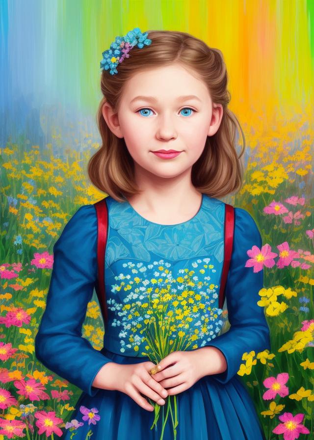 Artificial Intelligence (AI) generated image art, person, ((portrait)), beautiful short sandy blonde haired girl with child like blue eyes, she is innocence, she is purity, she is precious, highly detailed illustration, in a garden holding a bunch of colorful eye-catching wild flowers, deep focus, she is 9 years old, magical art, artistic intricate, elegant, highly detailed, digital painting, artstation, concept art, matte, sharp focus, (accurate portrait of person) (real likeness to person)
hyper focus illustration, hearthstone, art by artgerm and greg rutkowski and alphonse mucha and marco mazzoni, vibrant colors, orange, yellow, pink, green, purple, blue, clouds, pink, black, yellow and red colors faintly peek in bursts throughout the background in hollowgraphic prisms, forget me not flowers are in person's hair, (person) (realistic portrait) ferns and fiddlesticks in background amongst the flowers.