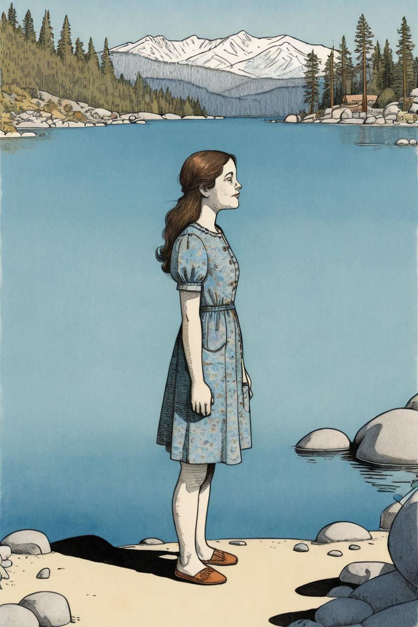 Artificial Intelligence (AI) generated image art, woman, an illustration by Maurice Sendak, standing in lake Tahoe, afternoon sun, beautiful, cute artwork