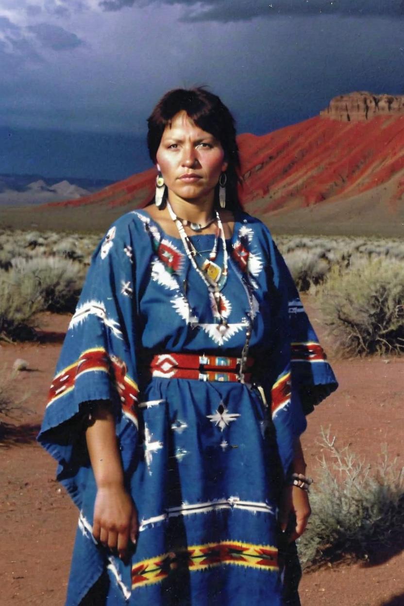 Artificial Intelligence (AI) generated image art, woman, (portrait), no head dress ((((full body)))), (beautiful native American woman), (a little war paint), 33 year old native american female, , , (wearing native american clothing that has yellow in it), adventurous, highly detailed, sharp focus, southwest red desert cliffs with dark stormy skies in the background.