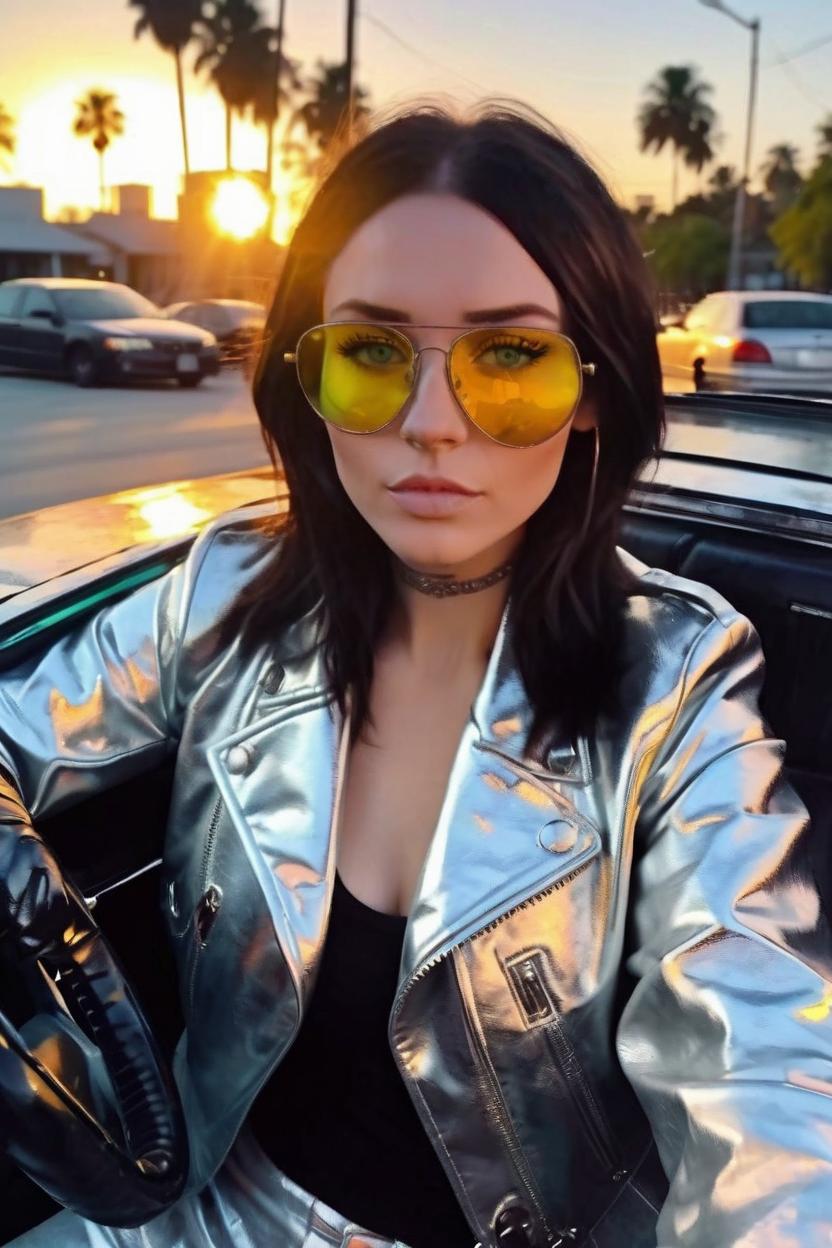 Artificial Intelligence (AI) generated image art, woman, on a GTA IV original poster, in a GTA art style, as a beautiful gangster woman, sitting on a hood of an expensive, retro car, Miami street in the background, plam trees and sunset, vibrant colors, shoulder length wispy brown hair, her colorful sunglasses rest on her nose exposing her blue eyes a tint of yellow can be seen in her eyes, laser silver iridescent leather jacket is on her shoulder, vibrant colors