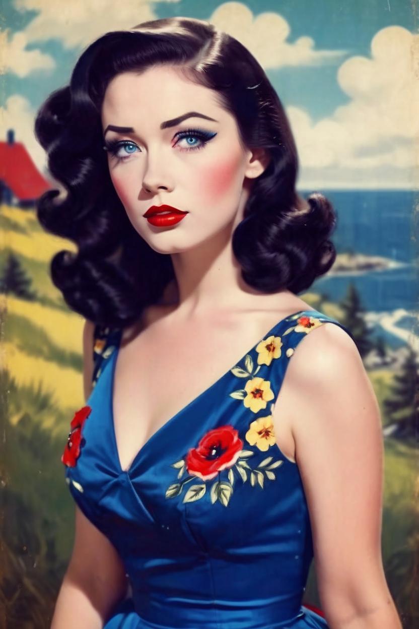 Artificial Intelligence (AI) generated image art, ((pin up style style)), highly resembles woman, long dark brown hair, illustration, (vintage pin up style dress,1950s, portrait, vintage), full body, WW2 poster, realism, colorful, ((landscape portrait photography)), blue eyes, red lips, playful expression, ((boudoir shoot))