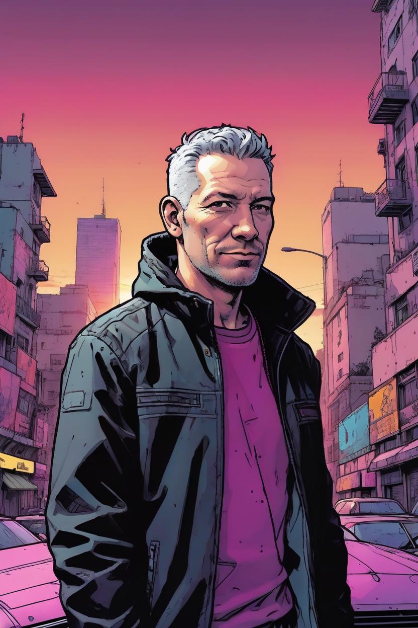 Artificial Intelligence (AI) generated image art, man, portrait, (moebius comic book style), scifi city landscape, illustration, comics, flying cars, cyberpunk, magenta sunset, wearing cool black jacket