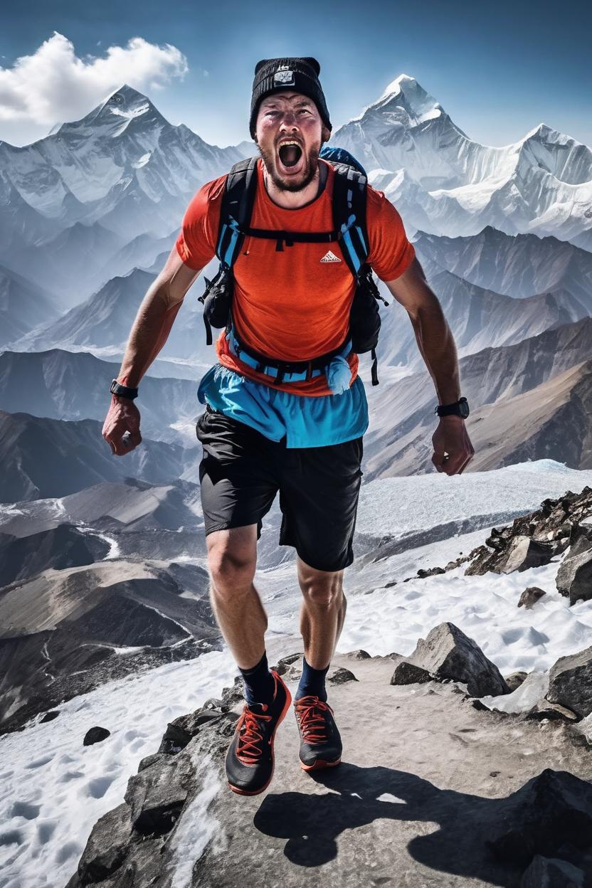 Artificial Intelligence (AI) generated image art, ((man)),On the top of the mount everest,snow, wear only shorts, flip flops shoes, ((muscle body)), ((tall person),) wear beanie, scream, excited, sharp, hyper realistic, leica Q3 photo,