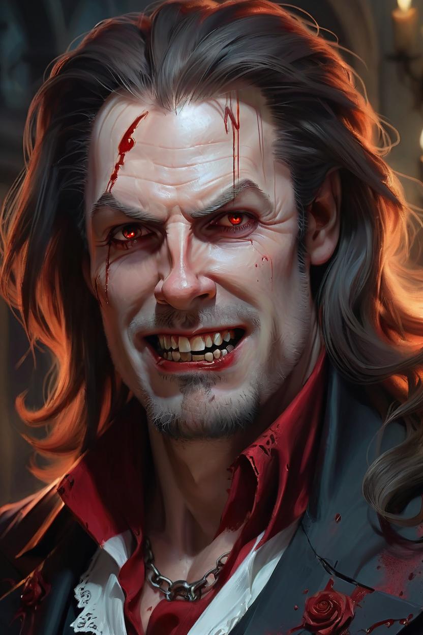 Artificial Intelligence (AI) generated image art, painted portrait of (man) as a handsome vampire, long hair, bloody, upper body, intricate, elegant, highly detailed, digital painting, artstation, concept art, smooth, sharp focus, illustration, art by gaston bussiere and magali Villeneuve