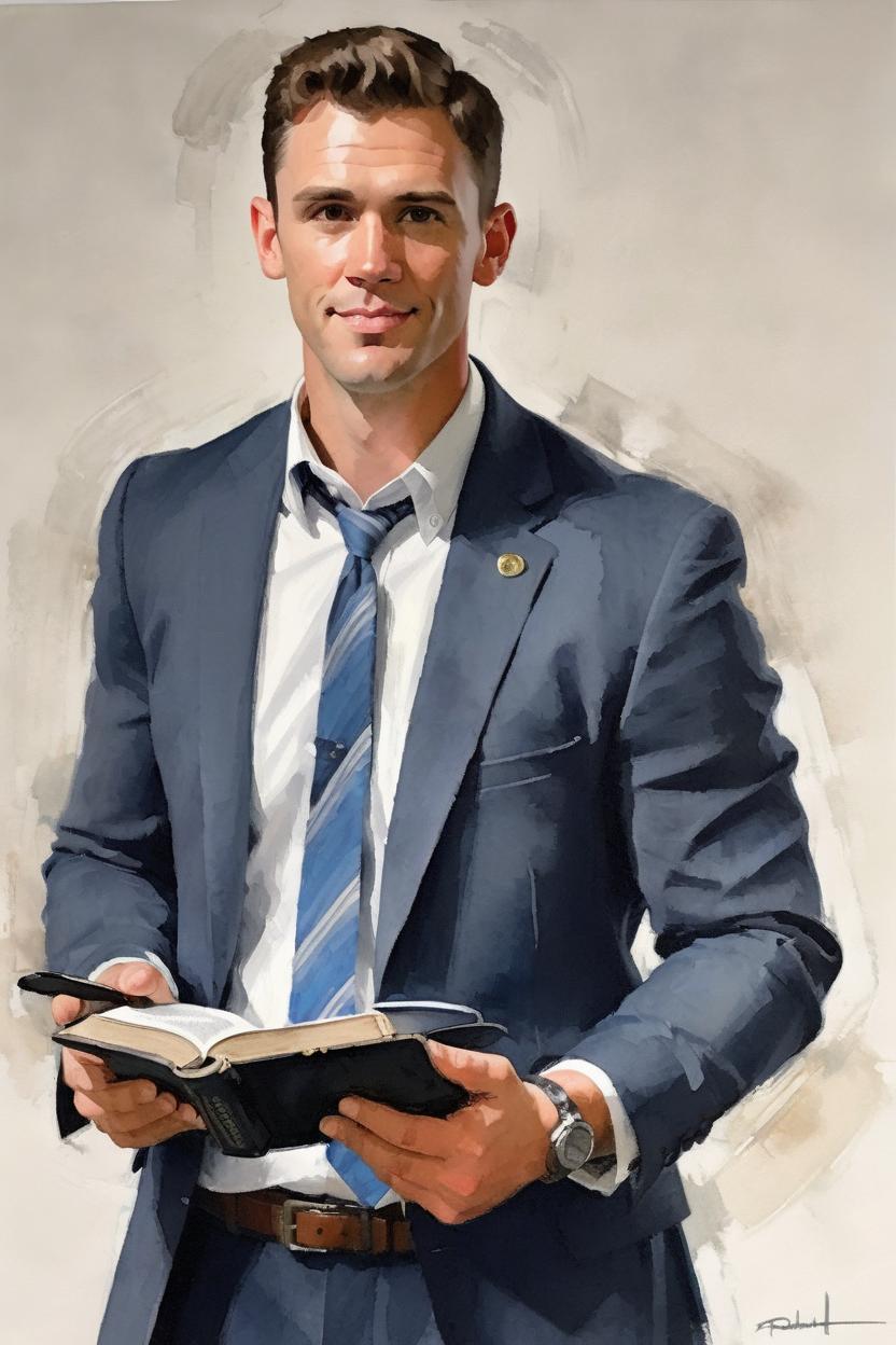 Artificial Intelligence (AI) generated image art, man, portrait painting by Normal Rockwell art style, clean shaven and in business casual, holding a bible and advanced computer