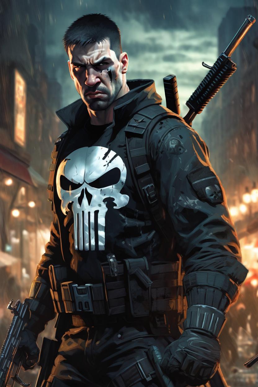 Artificial Intelligence (AI) generated image art, man, as the punisher, fighting in an intense battle, angry, diffuse lighting, intricate, elegant, highly detailed, digital painting, artstation, illustration, concept art, smooth, sharp focus, art by john collier and albert aublet and krenz cushart and artem demura and alphonse mucha, night time, city in background, tactical