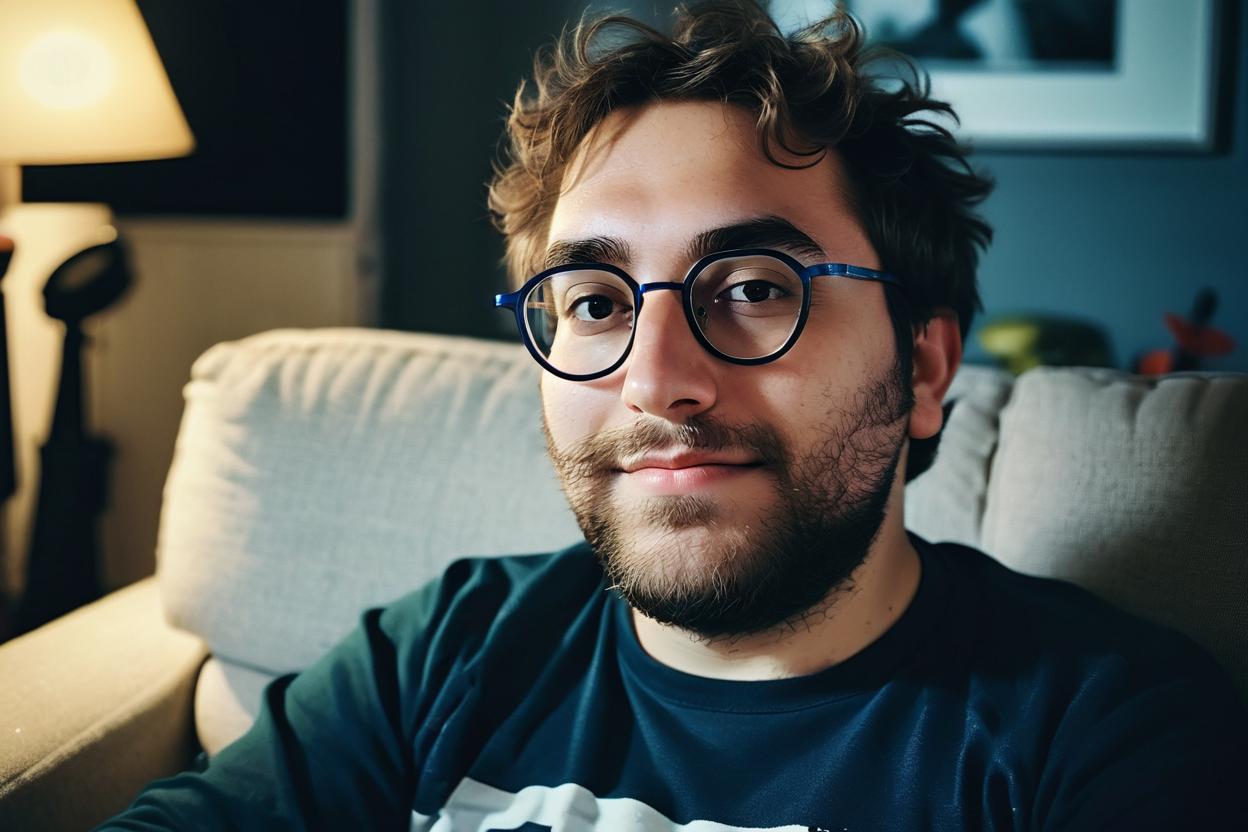 Artificial Intelligence (AI) generated image art, Detailed portrait of man, glasses, high contrast, ((crisp)) ((sharp photo)) ((photo)), showcasing skin, hair, and clothing textures, shot on 28 mm kodak camera, night, on a sofa, (natural eyes), tinder photo, cool pose, confident and seductive, looking at the horizon, handsome, thinking, talking to someone