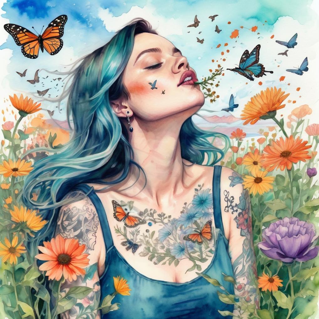 Artificial Intelligence (AI) generated image art, woman, (illustration), field of flowers, blowing flowers, butterflies, bright sky, birds, pretty, water color, tattooed woman