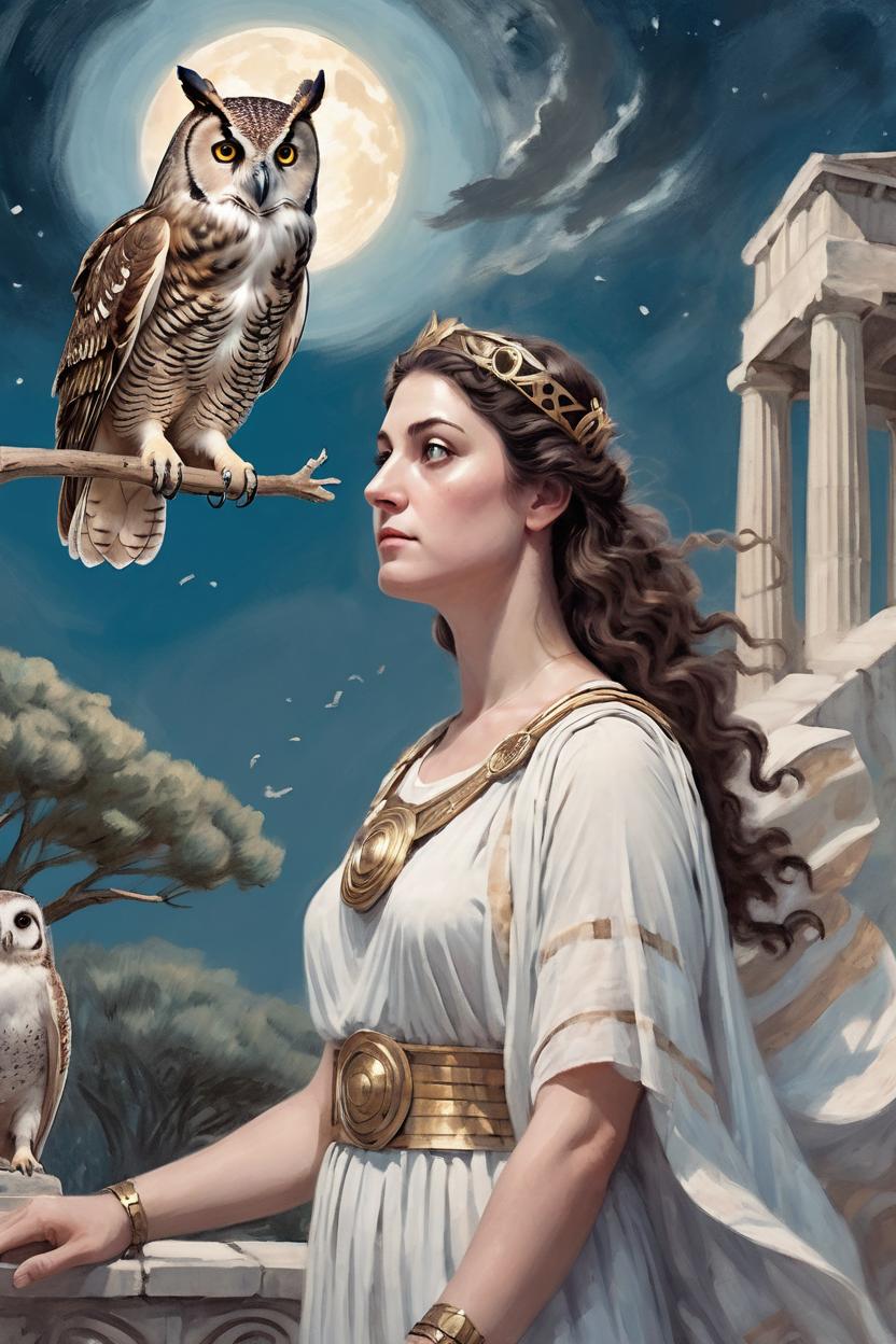 Artificial Intelligence (AI) generated image art, woman, as Greek goddess Athena, looking off in the distance with her arm extended watching an owl descend from the air, she expects the owl to land on her arm, looking ethereal and serene, in the style of tarot card art