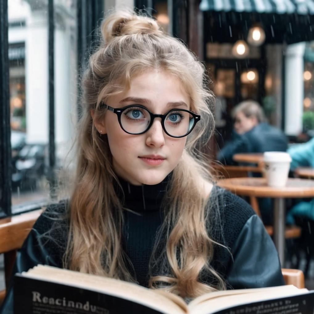 Artificial Intelligence (AI) generated image art, woman, young, 21, cute girl, eyes,  long blonde hair, feminine, intricate detail, wide angle, ultra detailed, 4k, photo, realistic, sitting inside cafe on a rainy day wearing a black tutrleneck reading a book, 3/4 portrait, academic aesthetic, low side ponytail, wearing round frame glasses