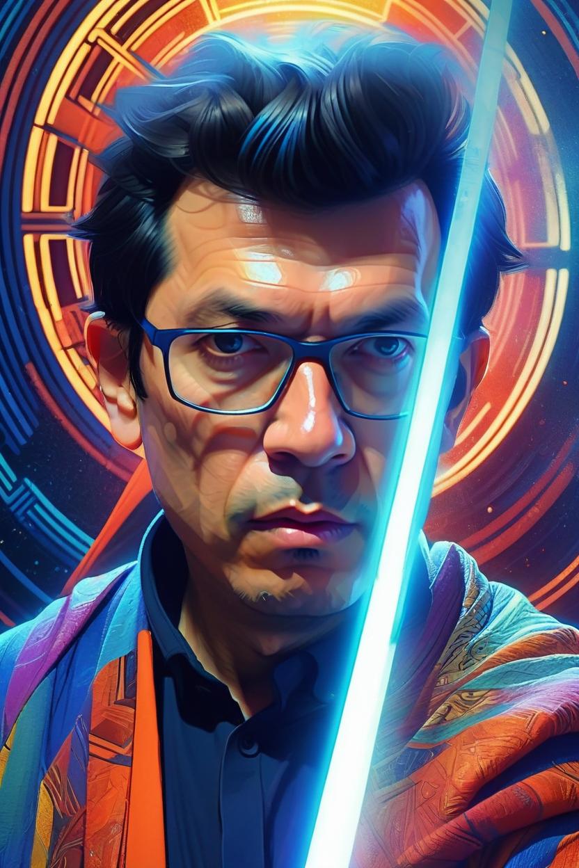 Artificial Intelligence (AI) generated image art, man, portrait, ( ( dither ) ), editorial illustration, jedi master with a light sabre, thoughtful expression on face, modern art deco, colorful, ( ( mads berg ) ), christopher balaskas, victo ngai, rich grainy texture, detailed, dynamic composition, wide angle, moebius, matte print