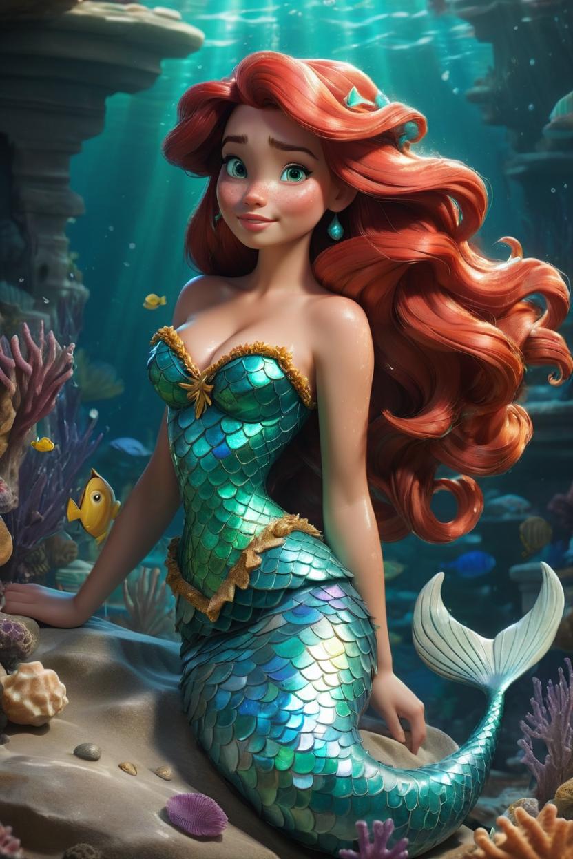 Artificial Intelligence (AI) generated image art, woman as The Little mermaid Ariel Disney, gorgeous, perfect hands, full body, perfect face, tan skin, Antonio Manzanedo art, hyper detailed, trending on artstation, intricate details, highly detailed, Broken Glass effect, no background, stunning, something that even doesn\\\\\\\\\\\\\\\'t exist, mythical being, energy, molecular, textures, iridescent and luminescent scales, breathtaking beauty, pure perfection, divine presence, unforgettable, impressive, breathtaking beauty, Volumetric light, auras, rays, vivid colors reflects