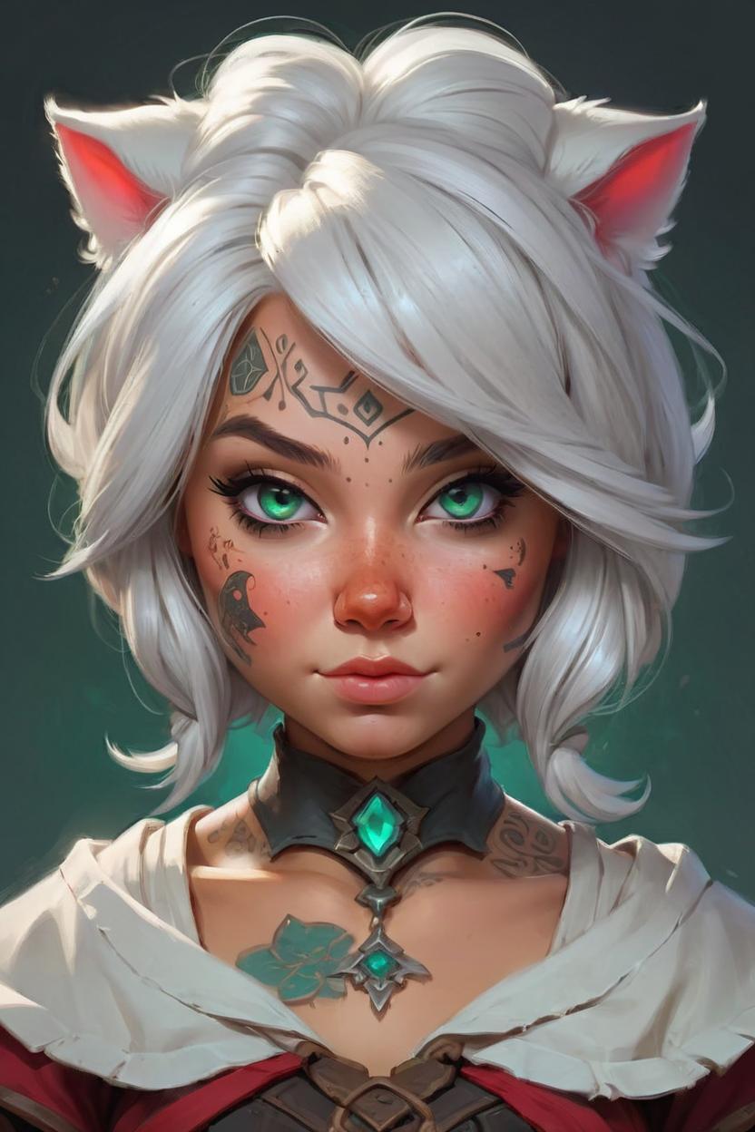 Artificial Intelligence (AI) generated image art, cute little anthropomorphic woman, cute and adorable, pretty, beautiful, dnd character art portrait, matte fantasy painting, deviantart artstation, by jason felix by steve argyle by tyler jacobson by peter mohrbacher, bard, (symmetrical body and face tattoos), white hair