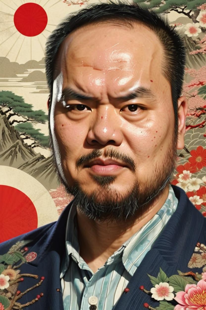 Artificial Intelligence (AI) generated image art, man, (intricate japanese propaganda poster), extremely detailed beautiful human character, illustration, sharp focus, asian heavy set tall