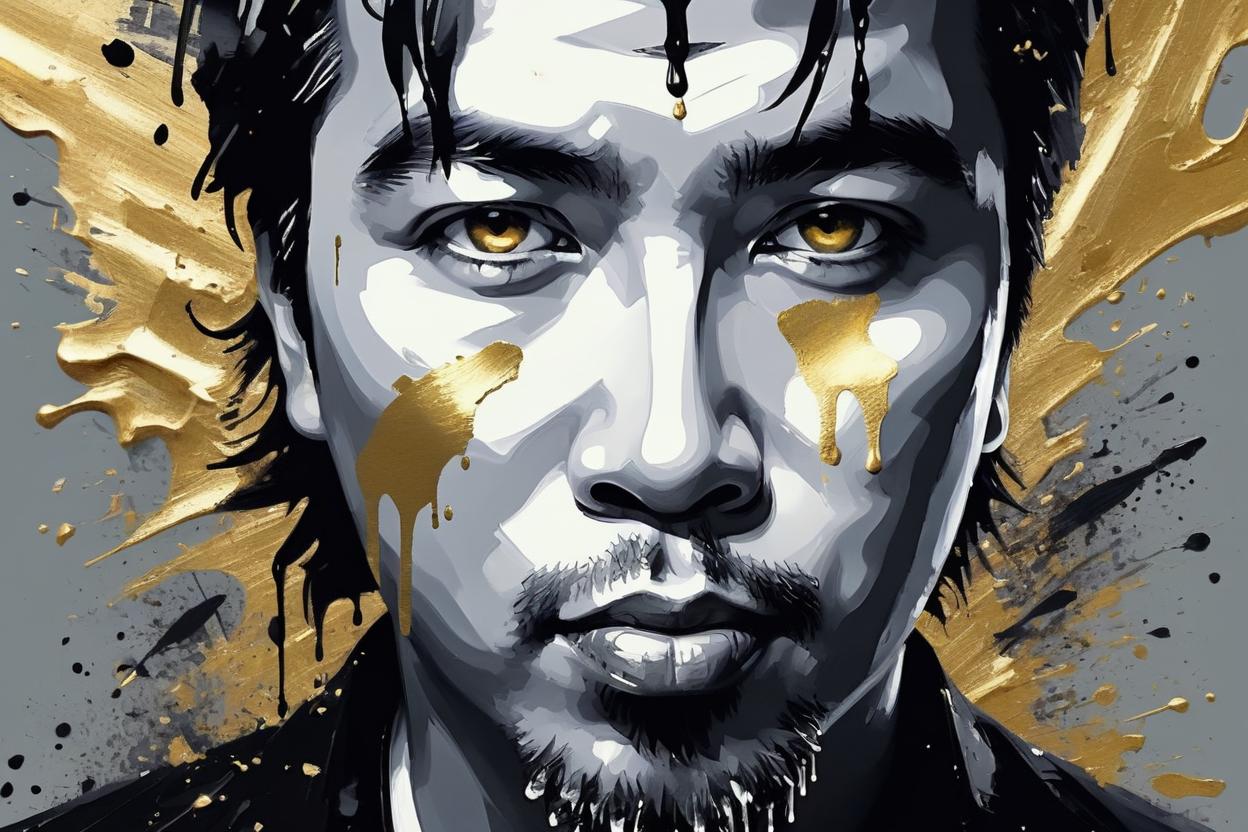 Artificial Intelligence (AI) generated image art, man, Close up portrait, impasto technique, low angle, detailed eyes, detailed lips, gray gold and black accents, dripping paint, illustration, painting, poster, impressionist, visible brush strokes, splashes, dynamic, seductive expression, painterly aesthetic