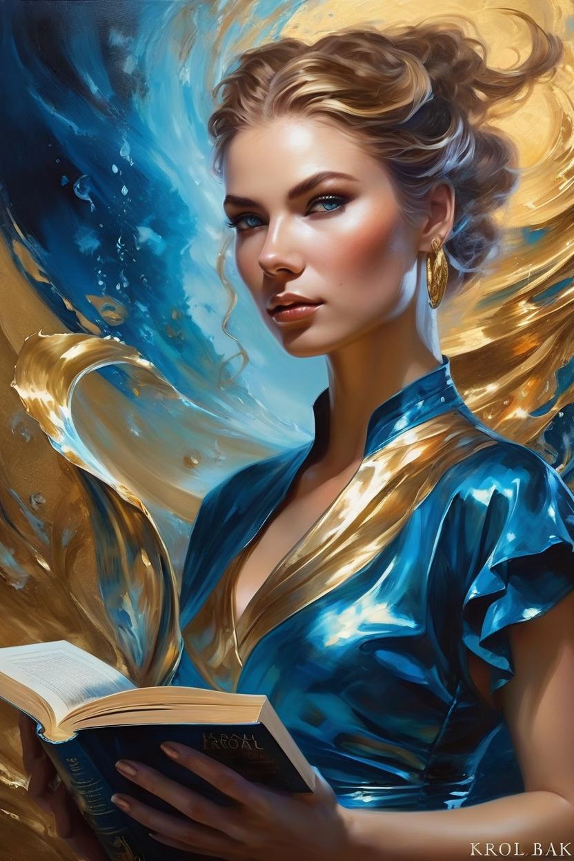Artificial Intelligence (AI) generated image art, woman, / imagine Beautiful dissolving into golden and blue atlantik Liquid oil paint wind,cinematic lighting photo realistic by Karol bak, holding a book