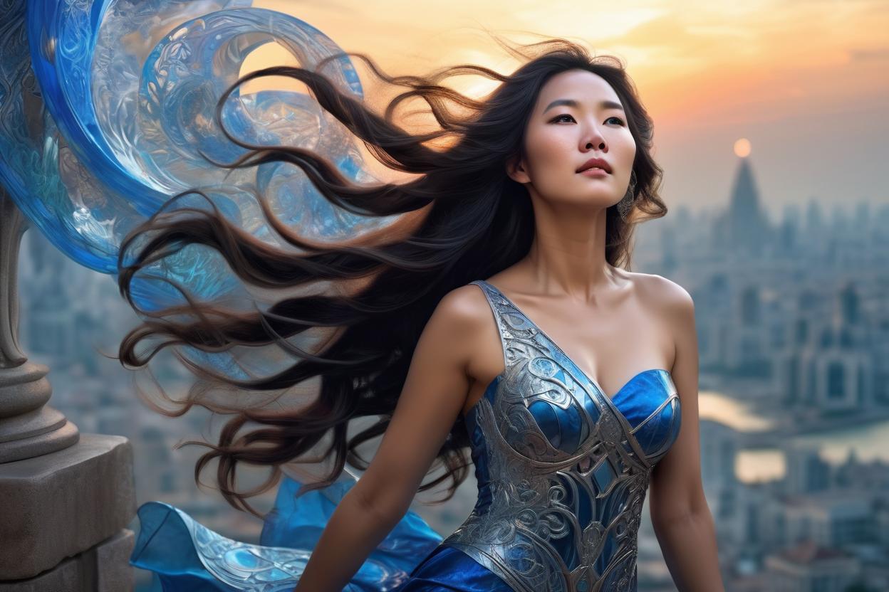 Artificial Intelligence (AI) generated image art, woman, as fantasy, beautiful female, ((goddess venus)), full body, large bust, long flowing hair, ((portrait and torso)), (leave space above head), fantastic short tight evening dress with fractal patterns, in some places broken and translucent, digital, epic scene, epic light (highly detailed), sharp faces, by Greg Rutkowski and Alphonse Mucha and Gaston Bussiere, tired expression, 4K, intricate detailed, fine details, artstation, masterpiece