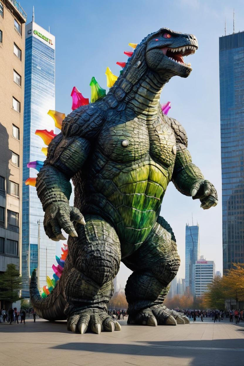 Artificial Intelligence (AI) generated image art, man is a giant godzilla toy figurine made out of plastic, bigger than skyscrapers walking through the city