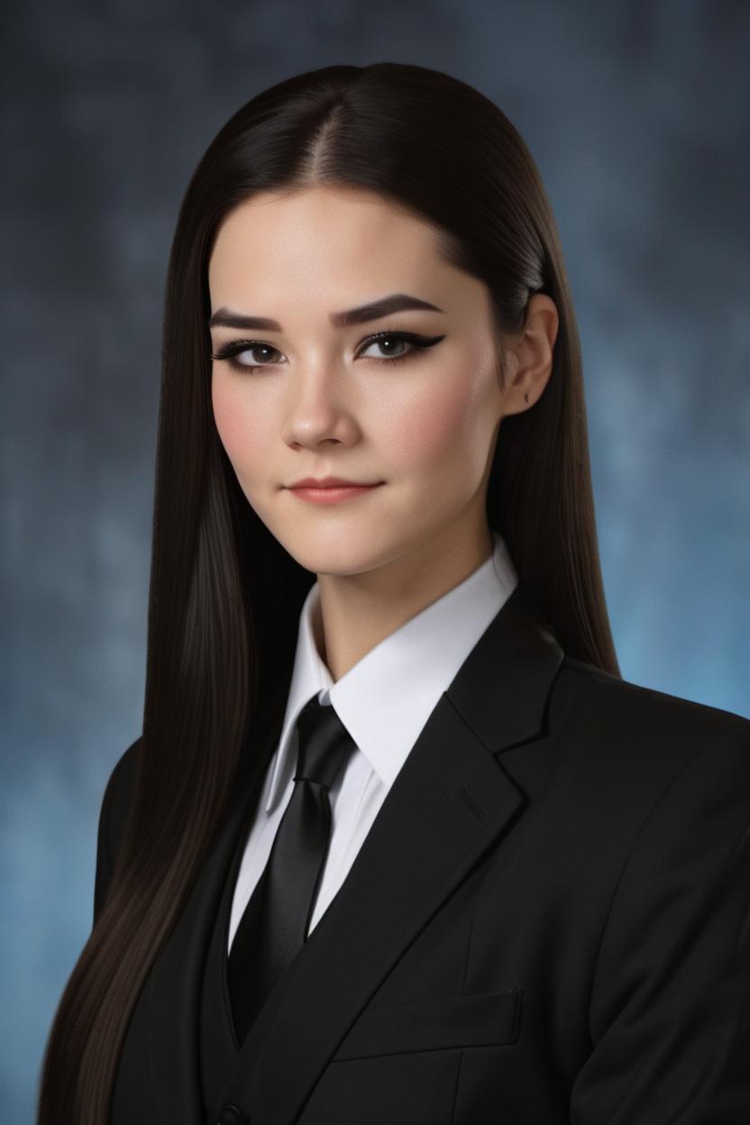 Artificial Intelligence (AI) generated image art, woman, female, black suit with a black tie but no jacket, long hair, add eyeliner and contour to enhance any feminine facial traits, keep the exact facial structure, proportions, and positions of all facial features, add a light smile, cosplaying as yor forger from Spy X Family