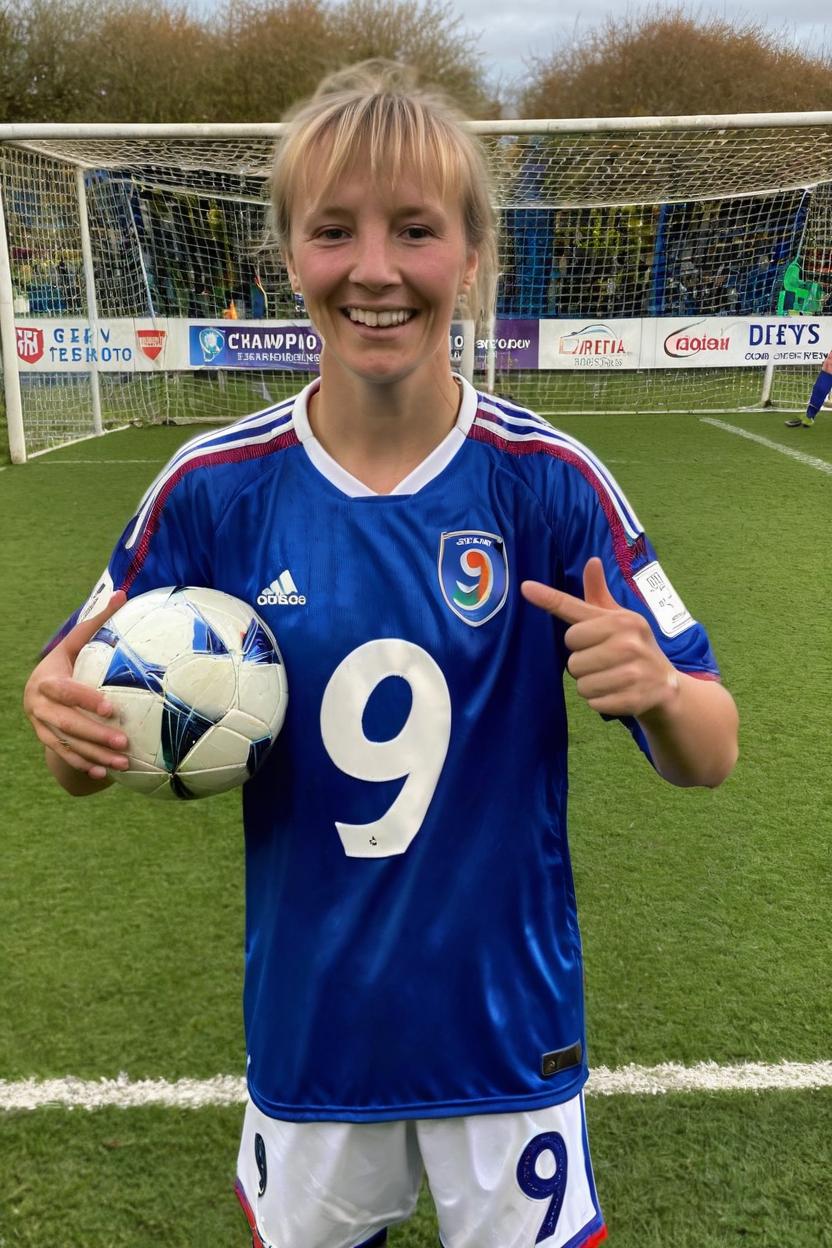 Artificial Intelligence (AI) generated image art, woman, as football player, number 9, scoring goal, champion