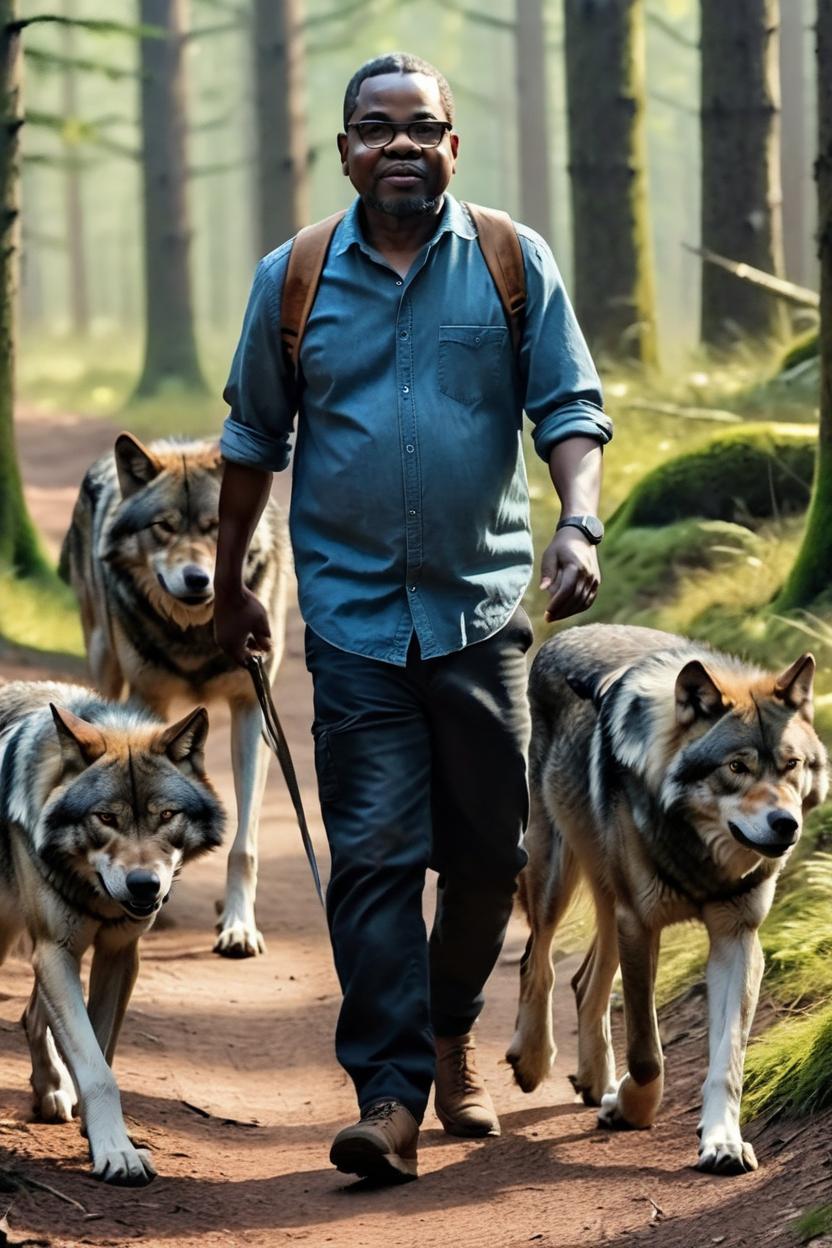 Artificial Intelligence (AI) generated image art, man, walking with wolves, forest , photo, realistic