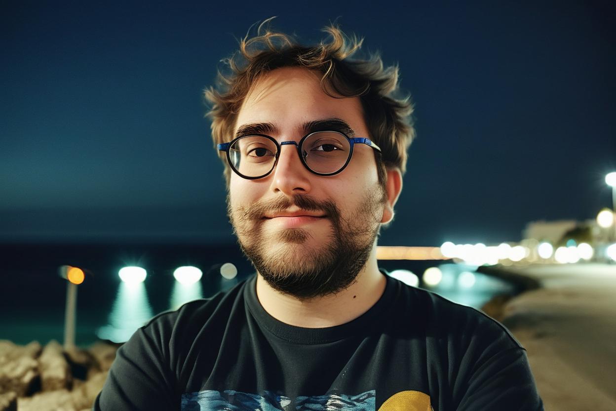 Artificial Intelligence (AI) generated image art, man, potrait, glasses, captured in photorealistic detail, showcasing skin, hair, and clothing textures, shot on 28 mm kodak camera, night, seaside, (natural eyes), tinder photo, cool pose, thinking, seductive and confident look