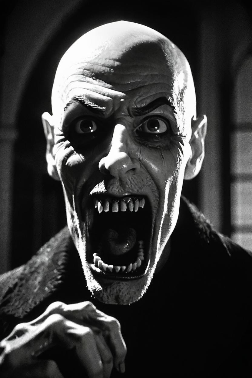 Artificial Intelligence (AI) generated image art, man, as nosferatu, with long fingers, fangs showing, evil looking, wide angle shot, black and white, very grainy film, classic movie film grain, dark lighting, 1922 film